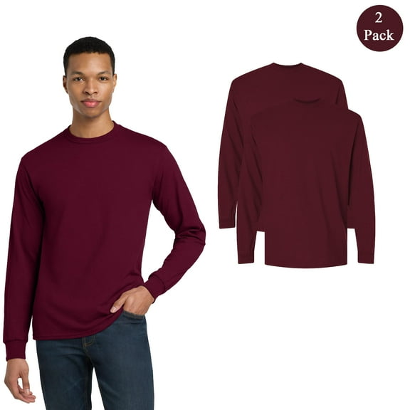 Gildan DryBlend 50/50 Long Sleeve T-Shirt, Men's Rib Collar Crew Neck Maroon Color Tee, 2-Pack, S