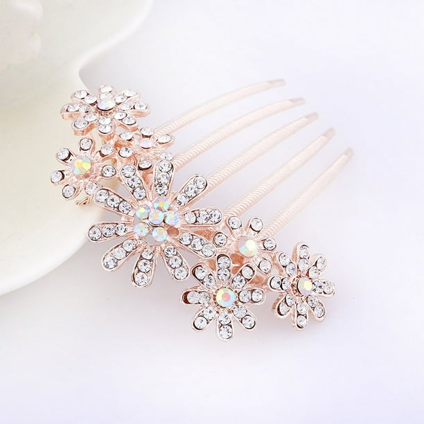 Peine vintage con cinco dientes de diamantes de imitación y flores, accesorio para el cabello, lazo, peineta de perlas, joyería, tocado de aleación, placa, horquilla