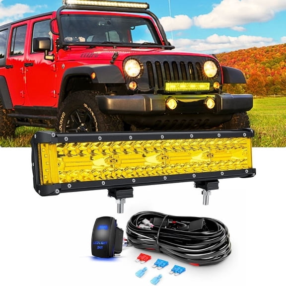 Nilight Side Shooter Led Light Bar 12inch Triple Row Spot Flood Combo Yellow Beam Work Light with 5Pin Rocker Switch Wiring Harness Kit for off Road Light on Truck SUV ATV UTV