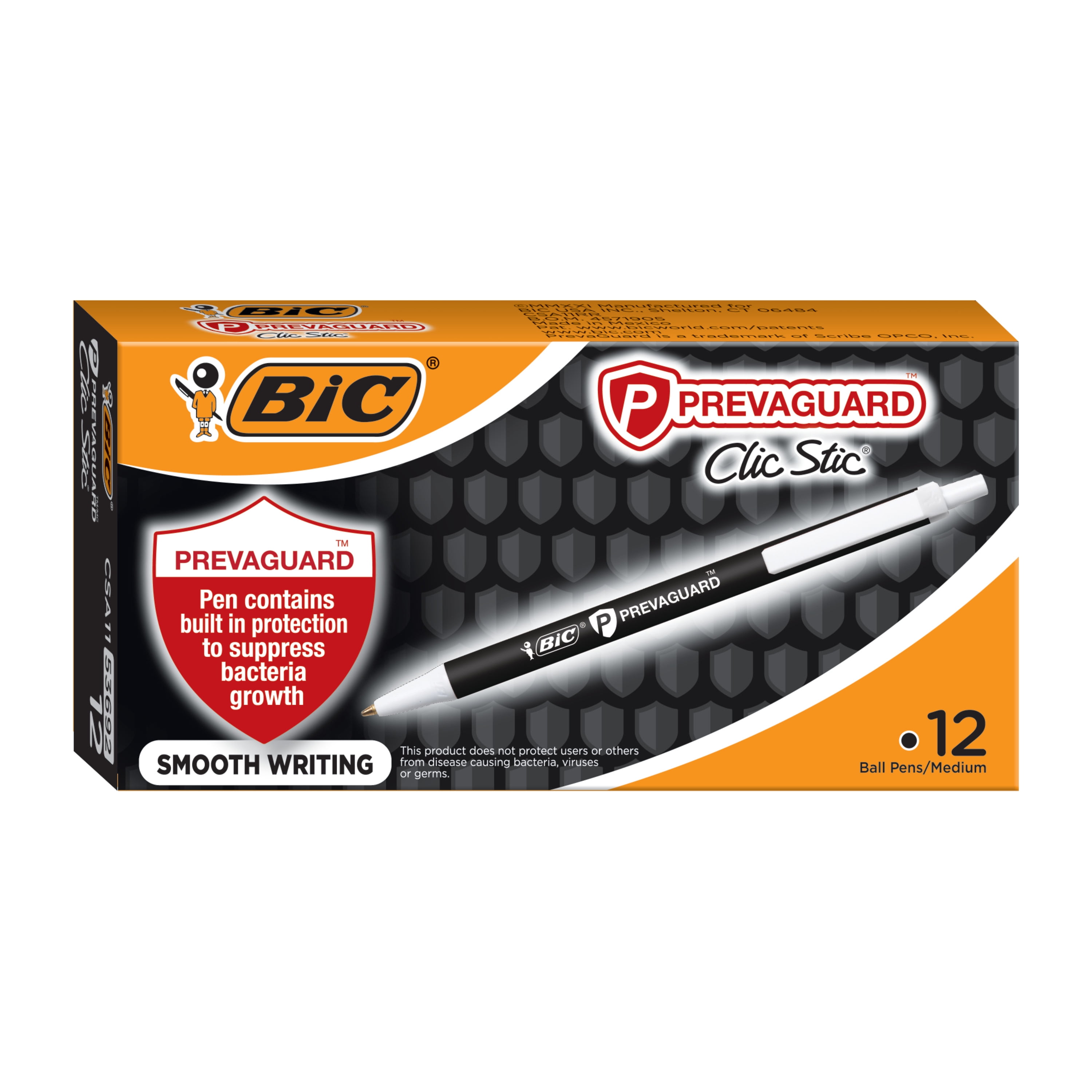 New BIC Prevaguard Clic Stic Pens 12 Pack Black Medium Ball Antimicrobial