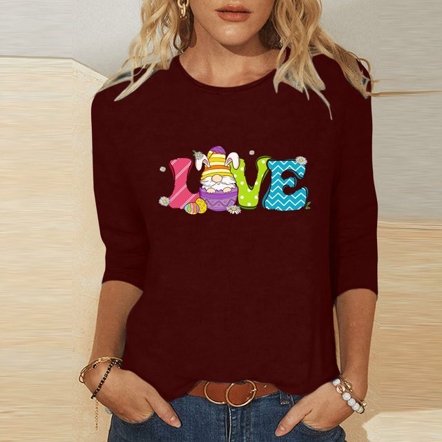 Xihbxyly Hauts Décontractés pour Femmes T-shirt Imprimé Col Rond de Pâques Manches 3/4 Col Rond Chandail Tendance à Petit Prix