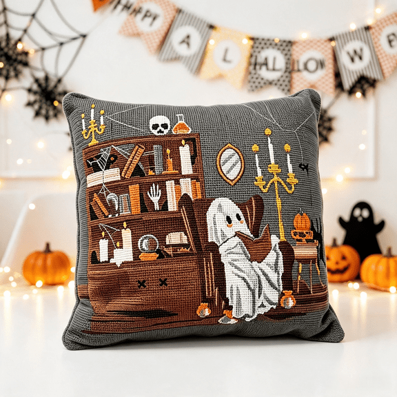 Soft Halloween Throw Pillow with Ghost Decor, Spooky Decorative Halloween Pillow for Couch Sofa, Indoor Halloween Decorations for Living Room Bedroom Decor
