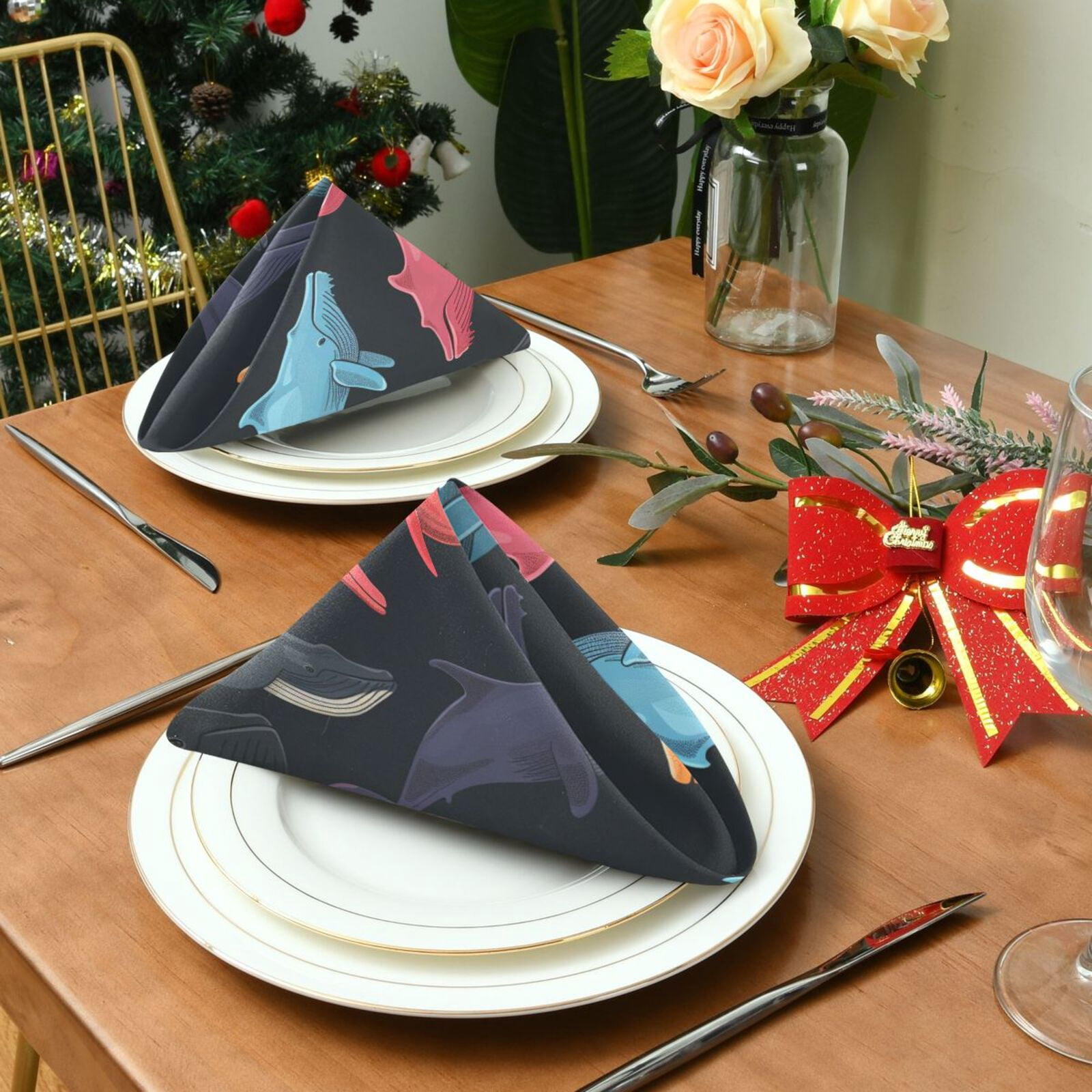 JSTEL Colorful Whale Cloth Napkins Set of 6, 20x20 Inch Washable and Reusable Napkin for Decoupage Dinner Party Everyday Use