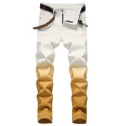 Fengqque Men's Skinny Fit Stretch Tie Dye Distressed Jeans, No Belt Yellow 4(S)
