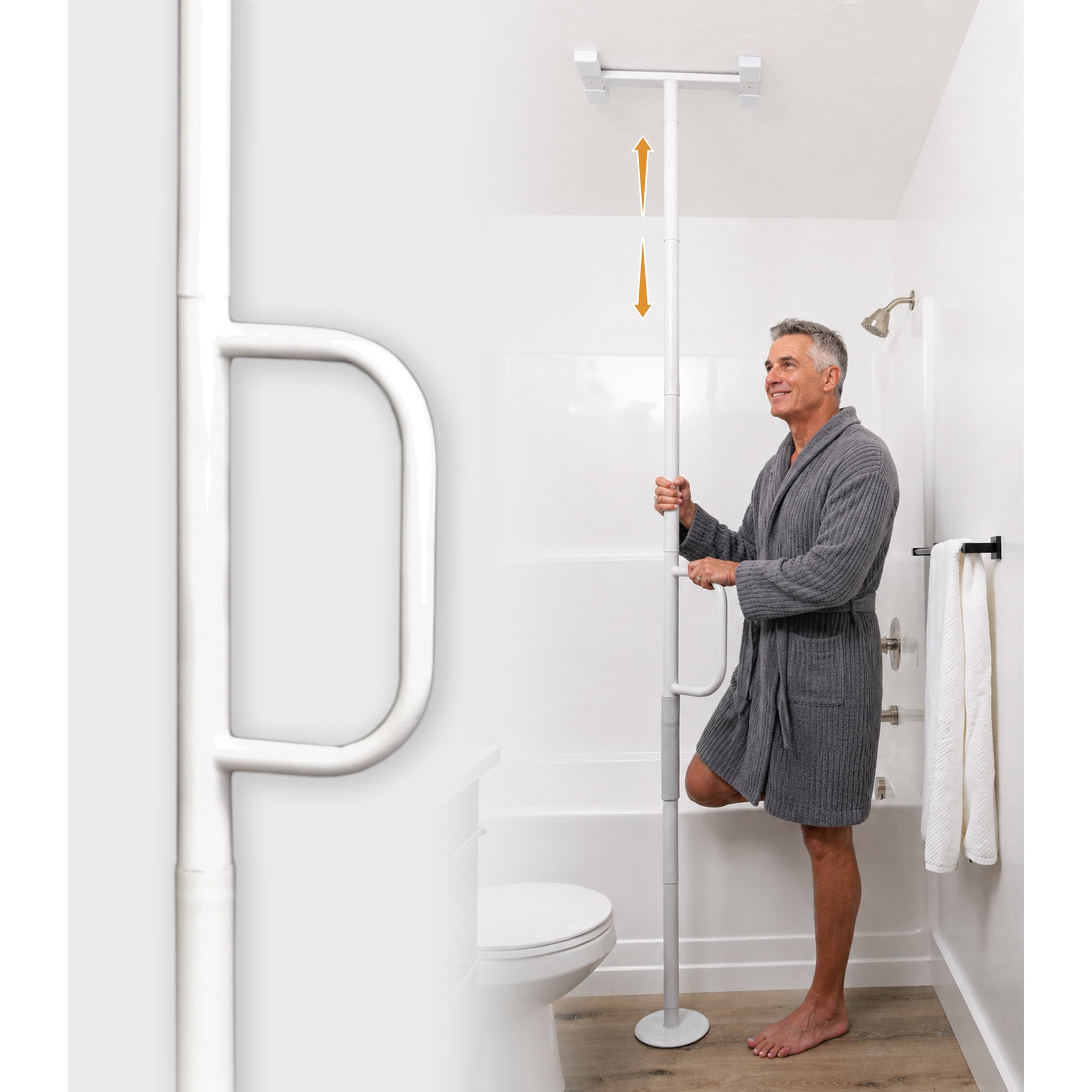 Stander Single Handle Floor to Ceiling Grab Bar, Adjustable Floor to Ceiling Transfer Pole for Bathroom, Tension Mounted Steel Shower Bar and Toilet Safety Rail for Seniors and Elderly Adults, White