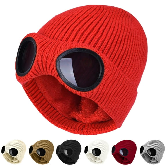 Knitted Hat Glasses Decor Stretchy Soft Plush Lining Casual Ears Protection Solid Color Autumn Winter Women Men Skull Beanie Cap Streetwear,Beige
