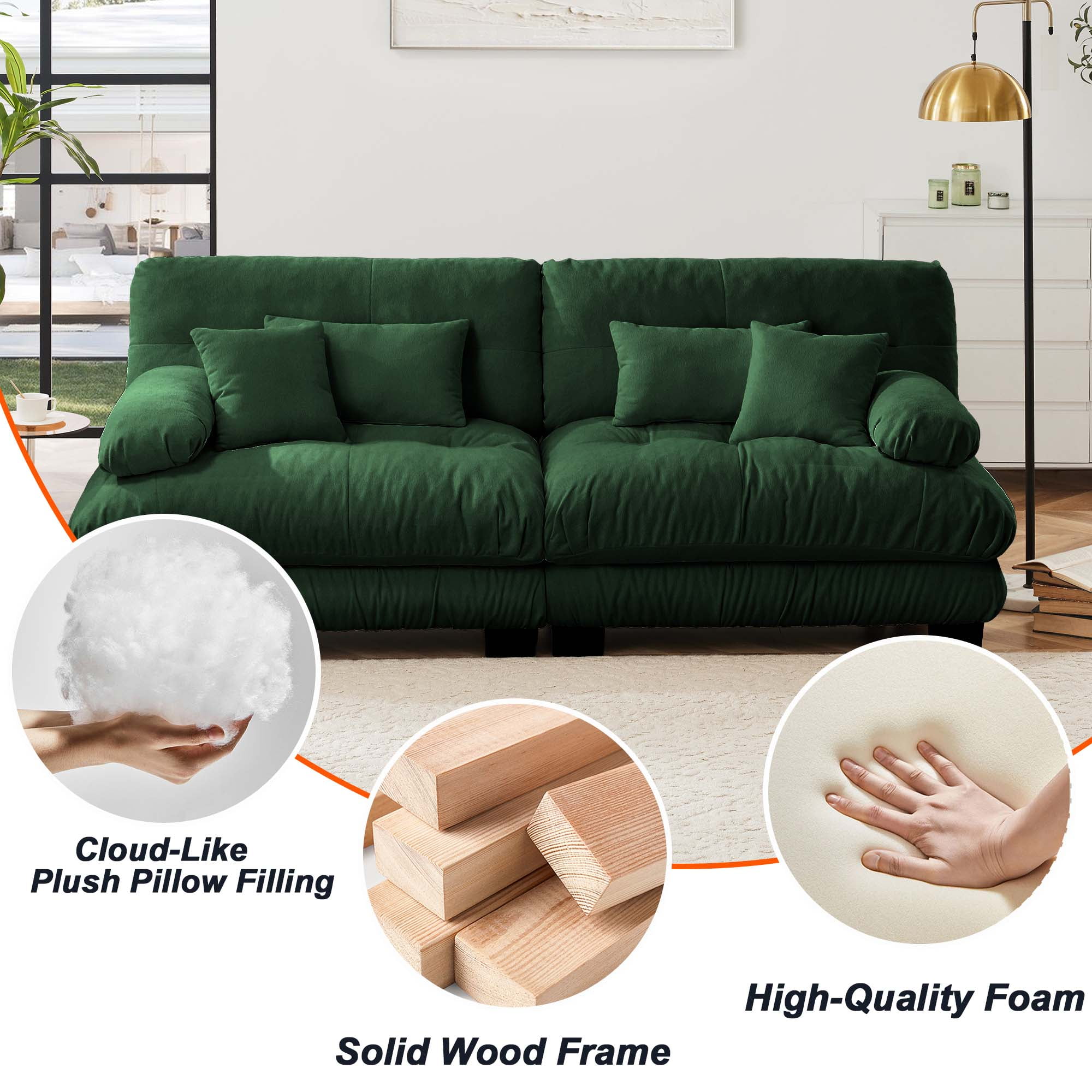 94.4" Cloud Chenille Loveseat Sofa, Oversized Deep Seat 2 Seater Couch for Living Room with Pillows，Green
