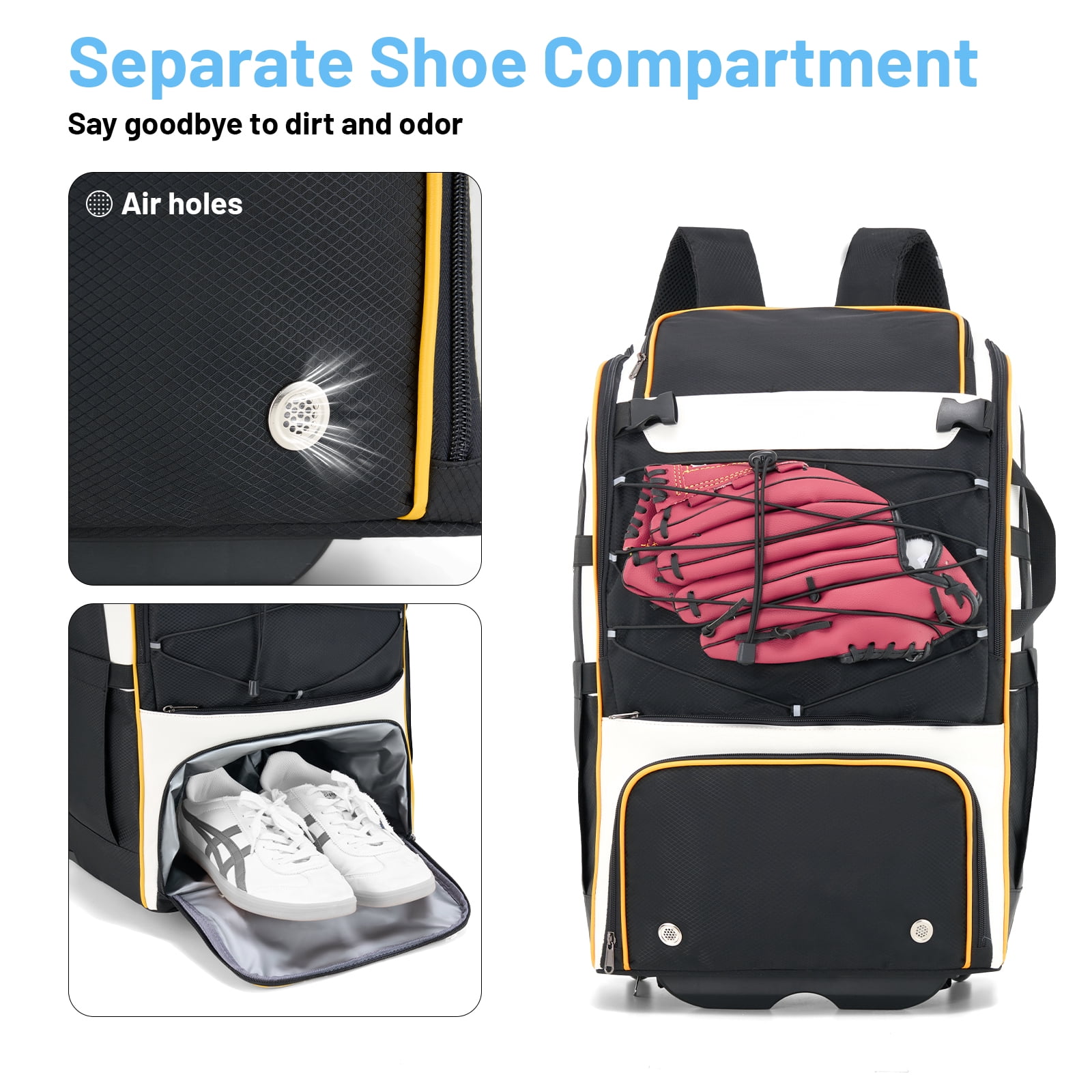 Rolling Baseball Bag with Wheels, Large Capacity Softball Bag Holds 4 Bats for Boys and Girls, Youth Equipment Bag with Rain Cover and Shoe Compartment