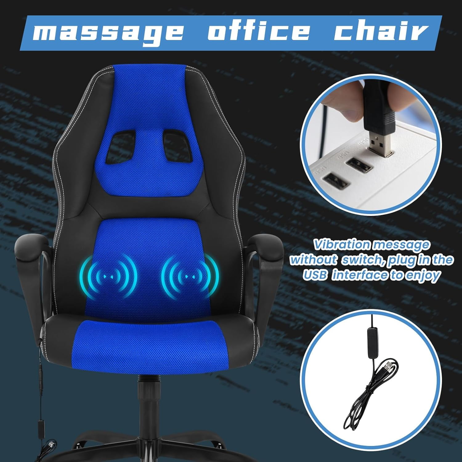 Dkelincs Gaming Chair Massage Computer Chair Ergonomic Video Game Chairs, Adjustable Office Desk Chair with Lumbar Support & Armrest for Teens & Children, Blue
