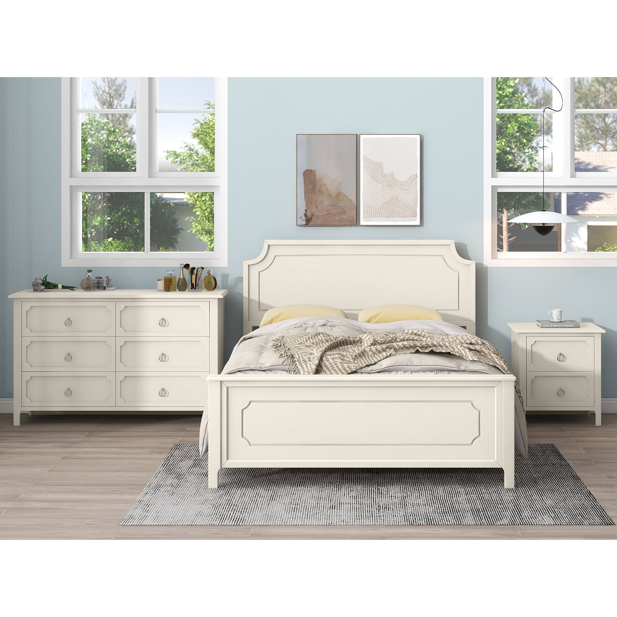 Resenkos 3 Pieces Solid Wood Bedroom Furniture Set Queen Size Platform Bed, Nightstand and Dresser Milky White