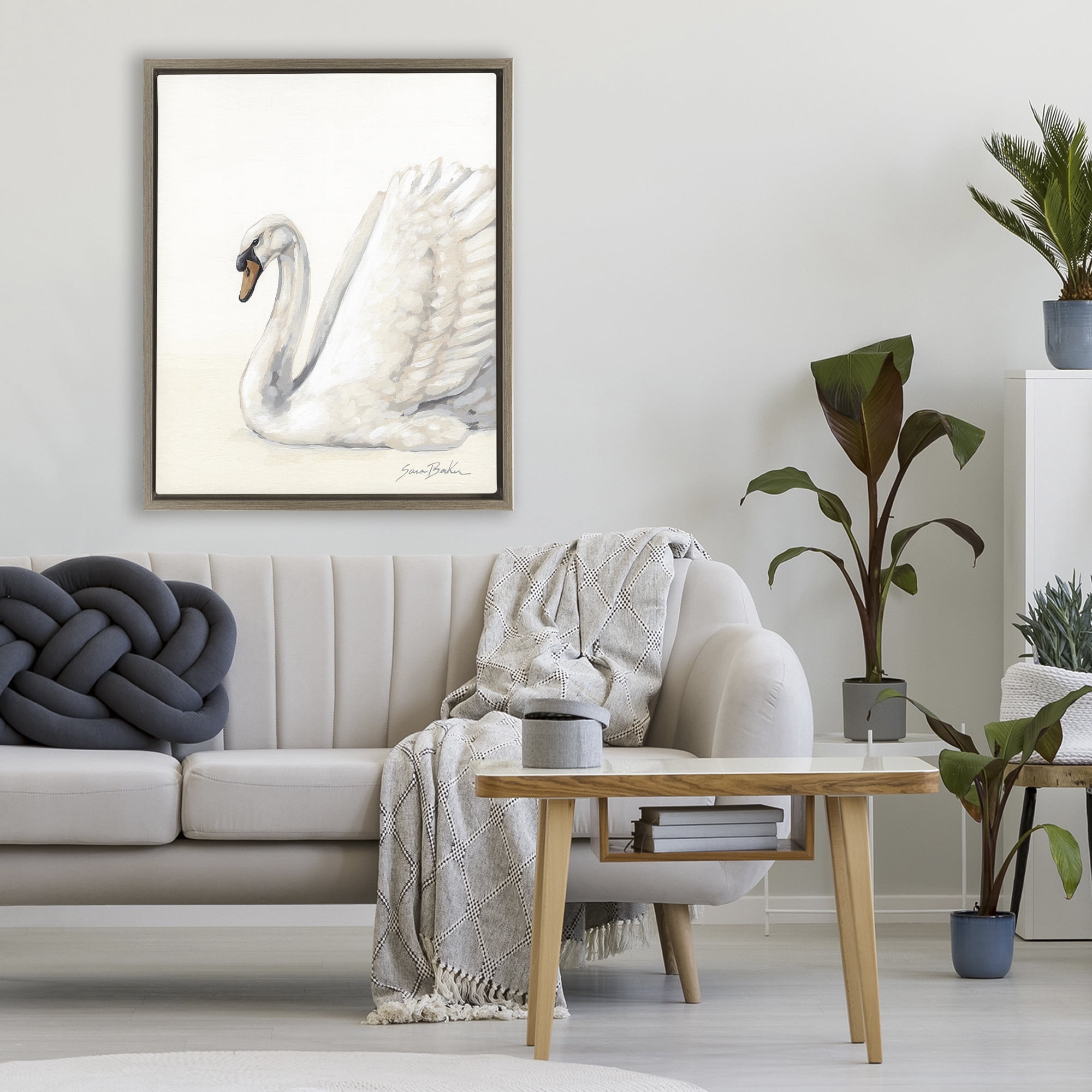 Stupell Industries White Swan in Repose Brown Framed Floater Canvas Wall Art, design by Sara Baker