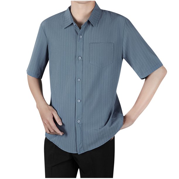 Camisa de Manga Corta de los Hombres con Botón, Raya Casual de Verano, Camisa de Cuello de Bolsillo Delgado