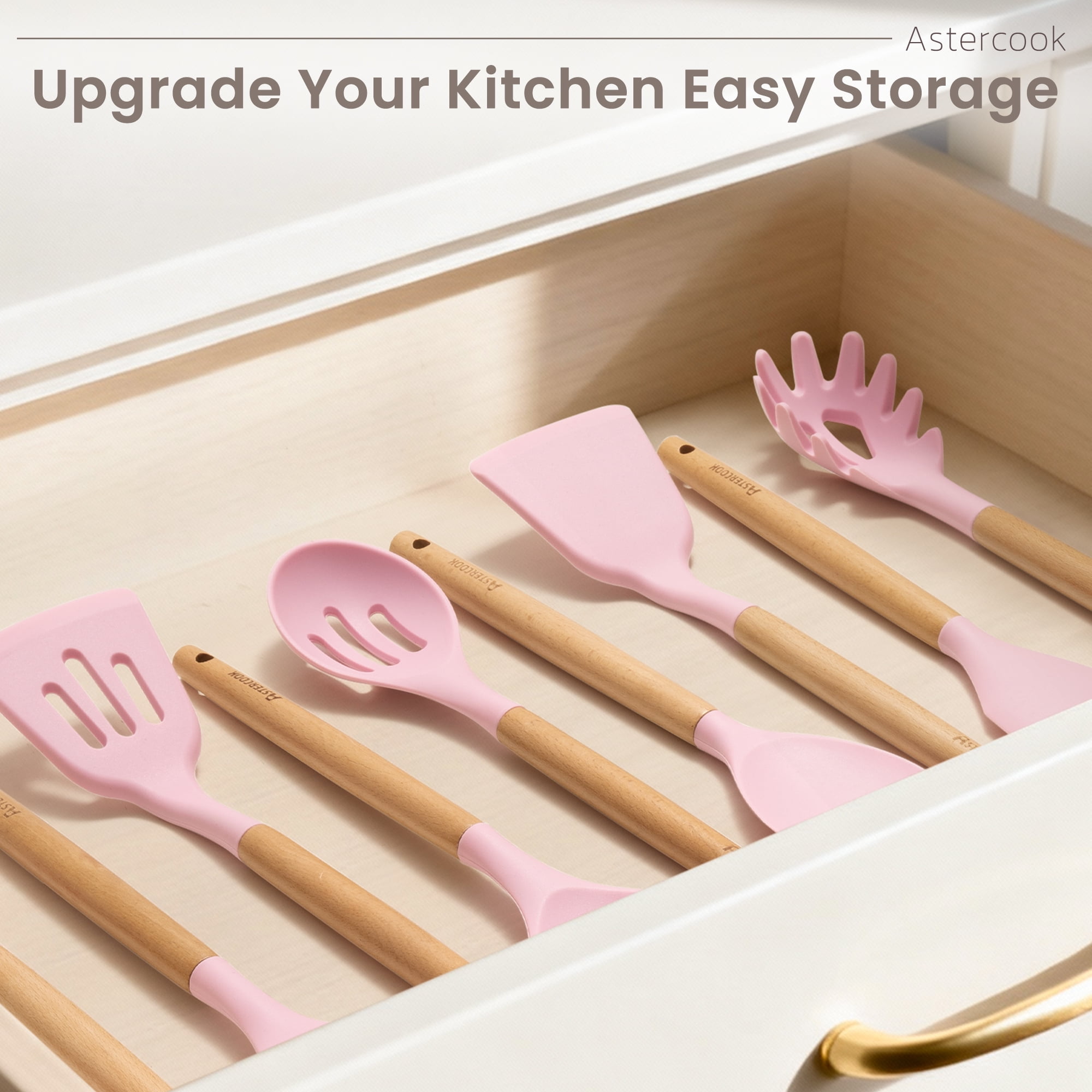 Astercook Silicone Cooking Utensils Set, 38 PCS Kitchen Utensils Set for 446°F Heat Resistant, Food Grade Utensil Sets with Wooden Handle, Kitchen Gadgets for Nonstick Cookware BPA Free (Pink)