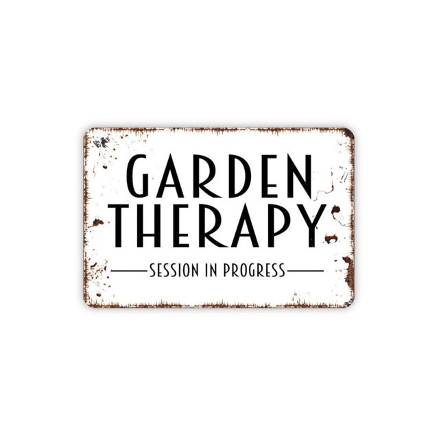 Letrero de metal para pared moderno y contemporáneo con sesión de terapia de jardín en progreso, estilo granja, tamaño 16 x 12 pulgadas