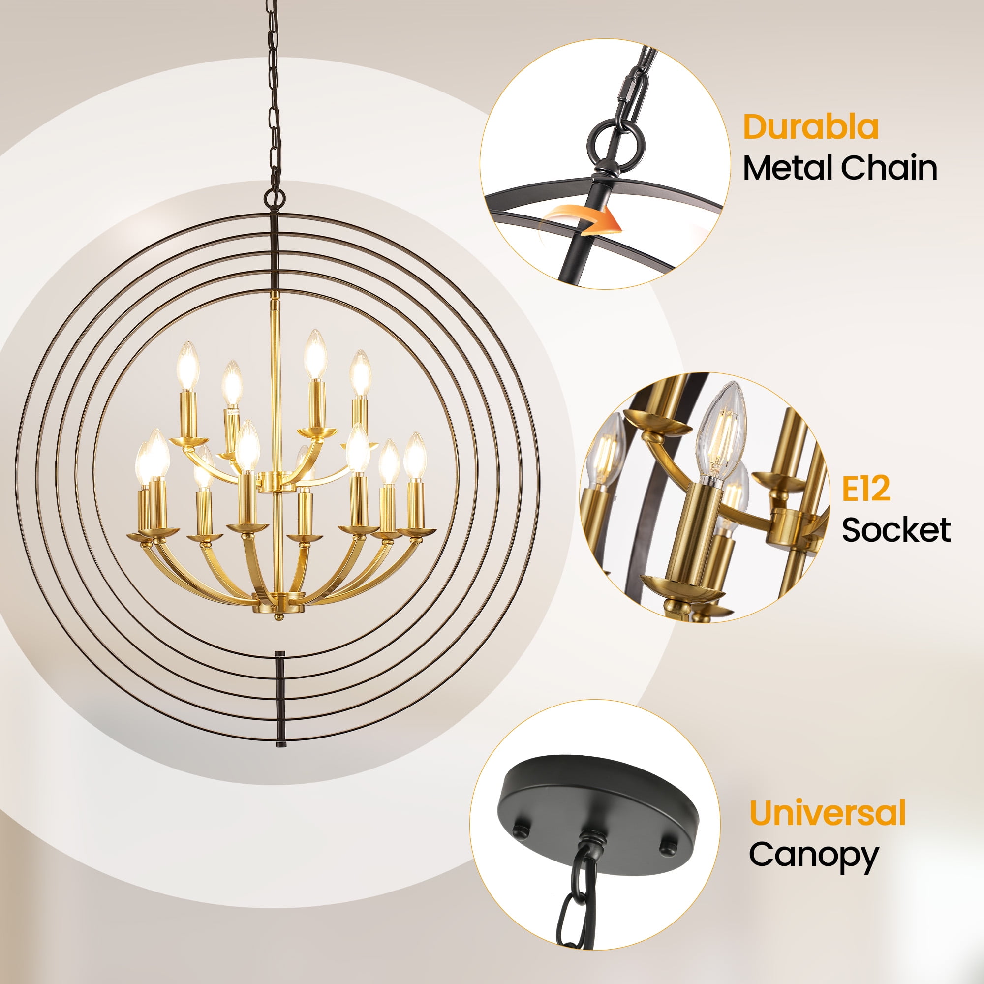 12 Light Chandelier,Industrial Ceiling Light Circle Light Fixtures with Farmhouse Adjustable Height Rustic Hanging Light E12 Base for Kitchen Island,Entryway,Indoor