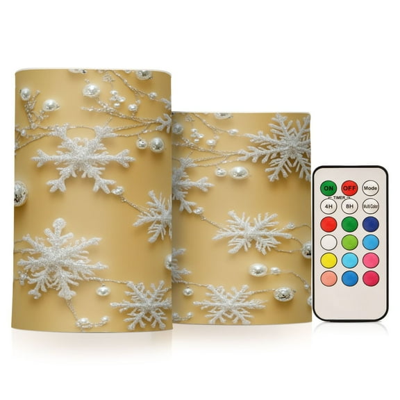 2 PCS Flameless Candles with Remote Timer LED Battery Operated Flickering Candle Light for Wedding Table Home Decoration Gifts Silver Color Snowflakes