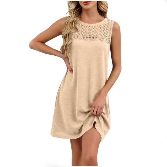 jtjvou Summer Dress for Women 2026 Casual Sleeveless Round Neck Loose Swing Sundresses Elegant Lace Patchwork Dresses Khaki S