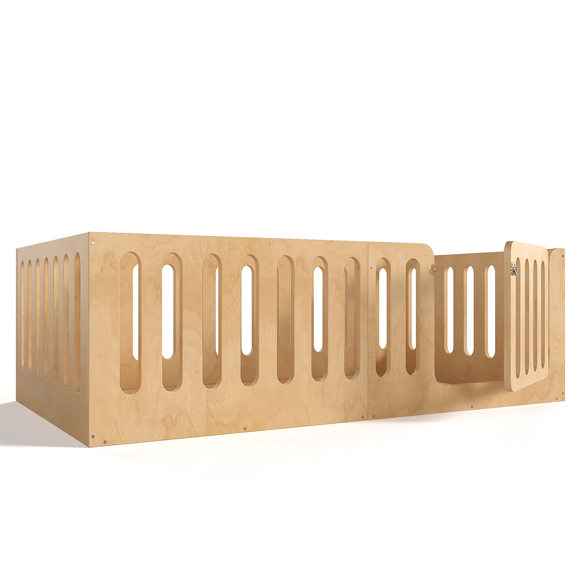 Miniyam Twin Floor Bed with Door, Low Profile Kids Bed with Guardrails,, Natural