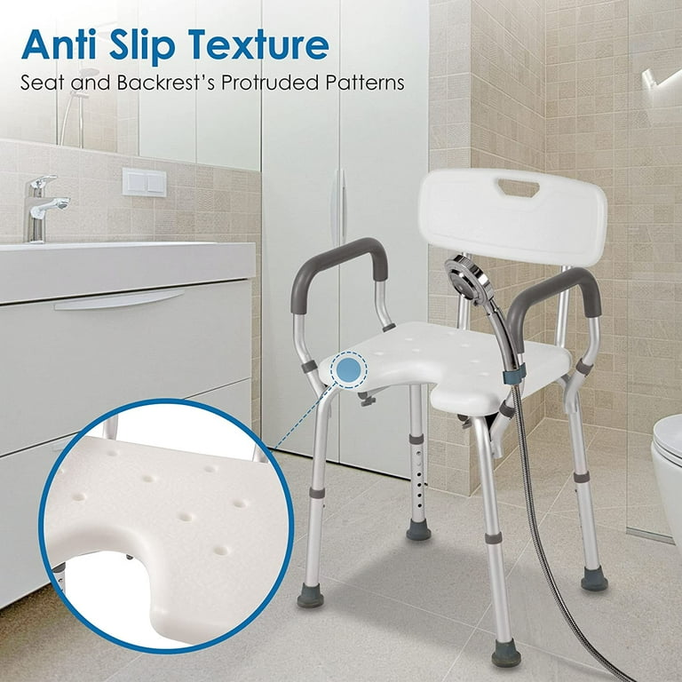 Free Shipping Toocust Aluminum Shower Chair for Heavy with Arm Back 330lbs Height Adjustable Shower Seat with Cutout Seat Pad Shower Chair for Elderly with Hygiene Cutout Front and Back