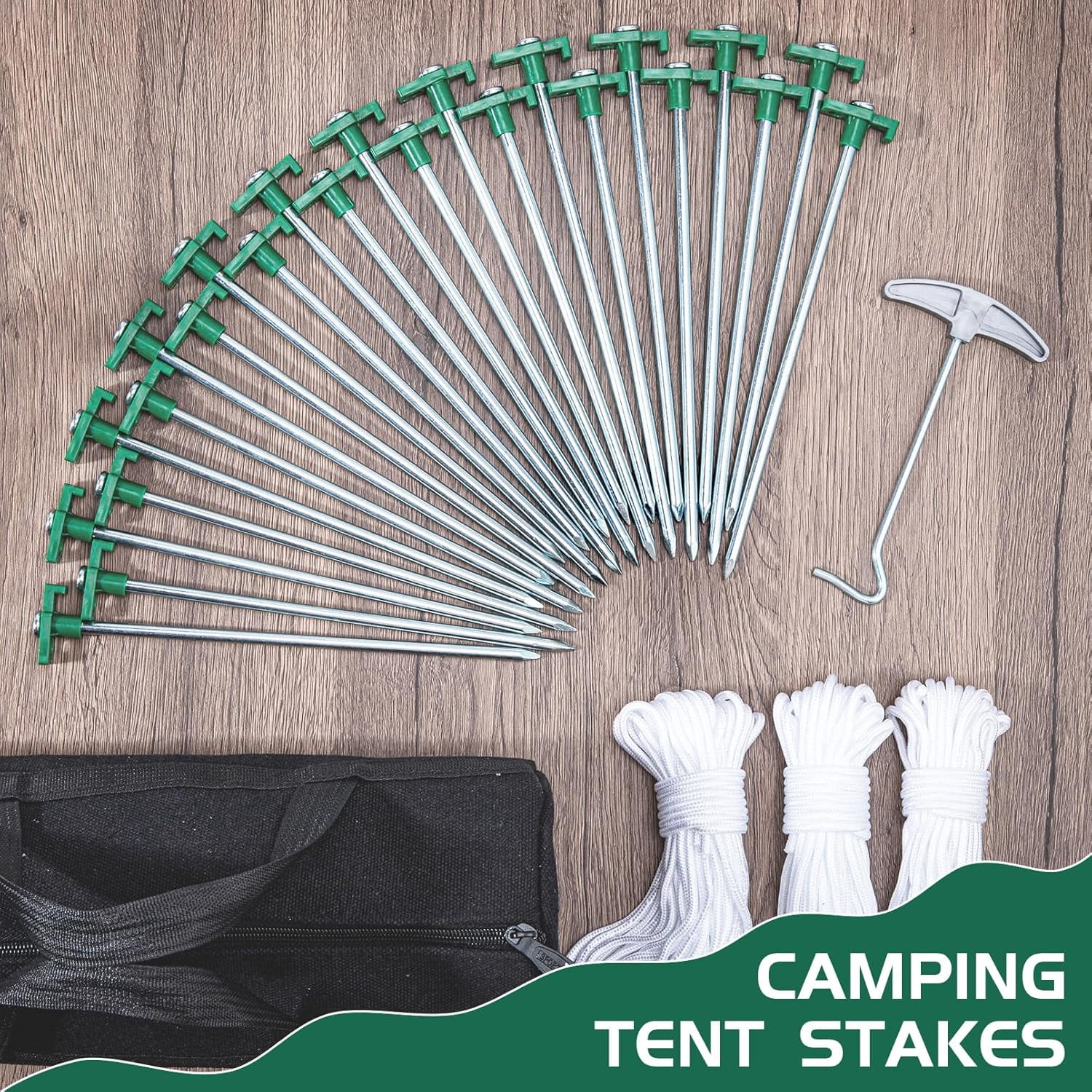 24 Pack Tent Stakes Heavy Duty, 9.8 Inch Camping Stakes, Non-Rust Metal Tent Pegs with 12 Pcs Rope and Storage Bags, Ground Stakes Tent Spikes for Camping Garden Outdoor Travel (Green)