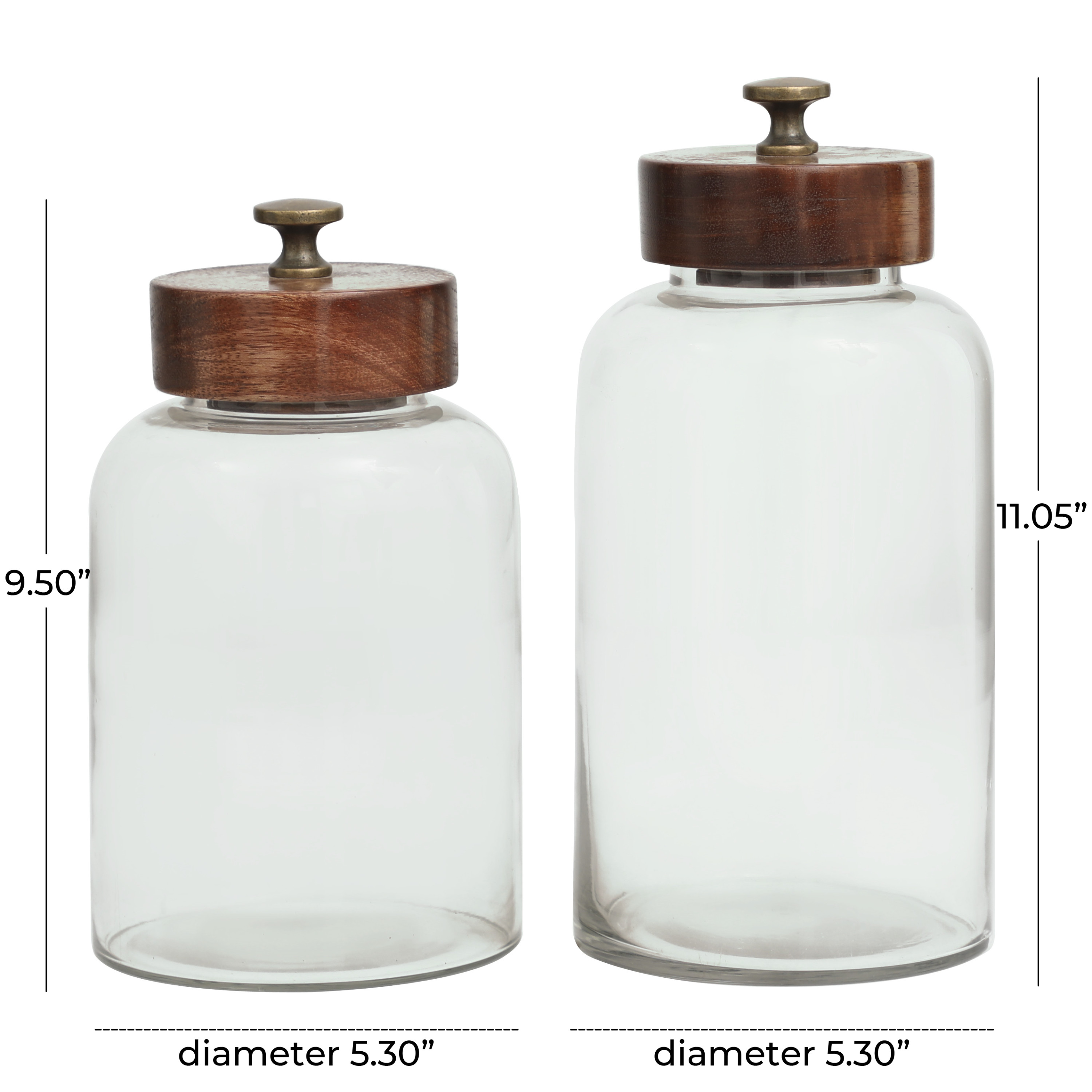 DecMode 5" x 11" Clear Glass Canisters with Brown Removable Lids and Antique Knobs, 2-Pieces