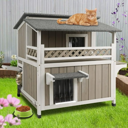 Gowoodhut Cat House Two-Story Wooden Feral Cat Shelter with Balcony for Indoor & Outdoor , Gray
