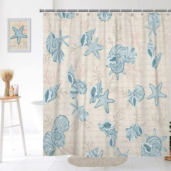 GOOESING Retro Starfish Seashell Summer Ocean Beach Theme Teal Bathroom Curtain Waterproof Washable with 12 Hooks, 84"x72"