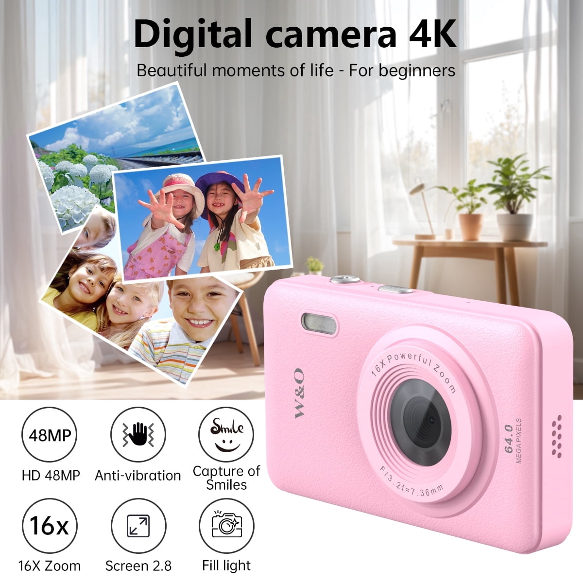 W & O Q3 Portable 16x Digital Zoom 48 MP CCD Point & Shoot Digital Camera with 32GB SD Card, Pink