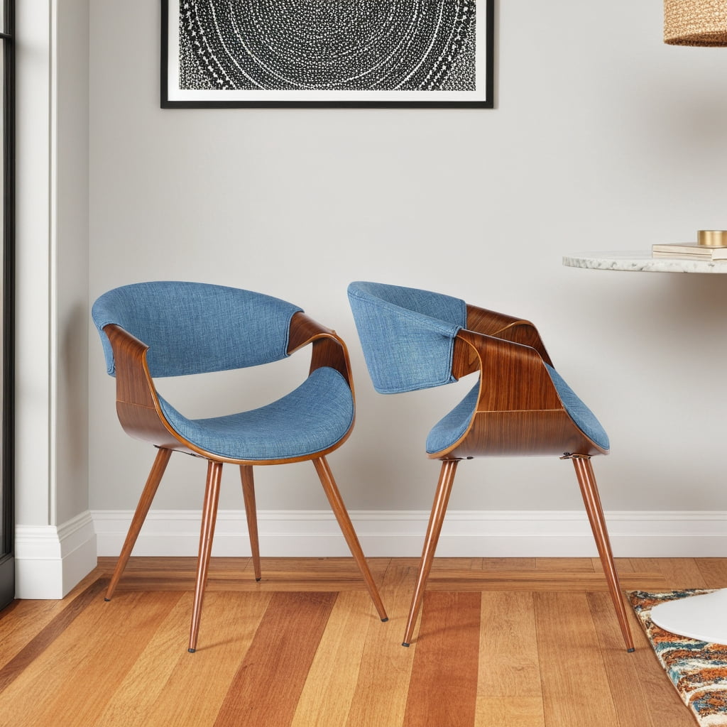Butterfly Mid-Century Dining Chair in Walnut Finish and Blue Fabric