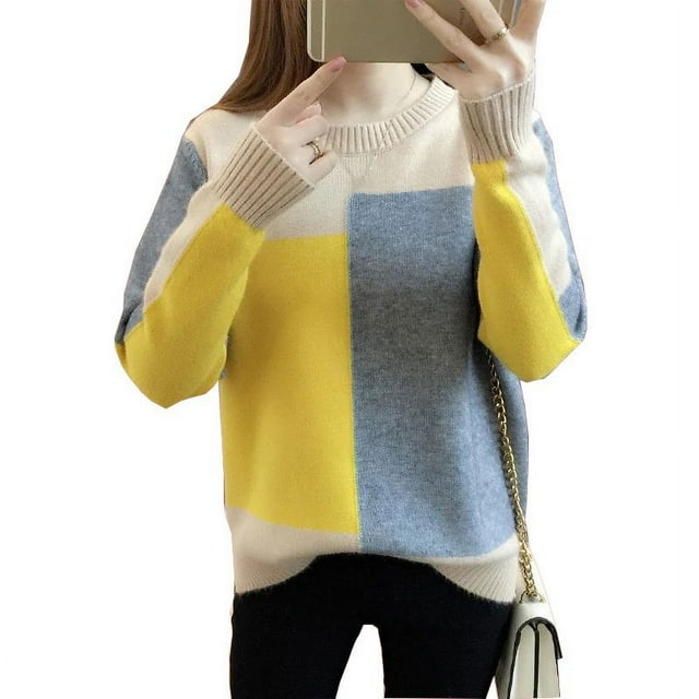 AMERTEER Chandail d'Hiver à Couleurs Contrastantes pour Femmes, Chandail à Manches Longues pour Femmes, Chandail et Chandail, Chandail Tricoté, Chandail pour Femme