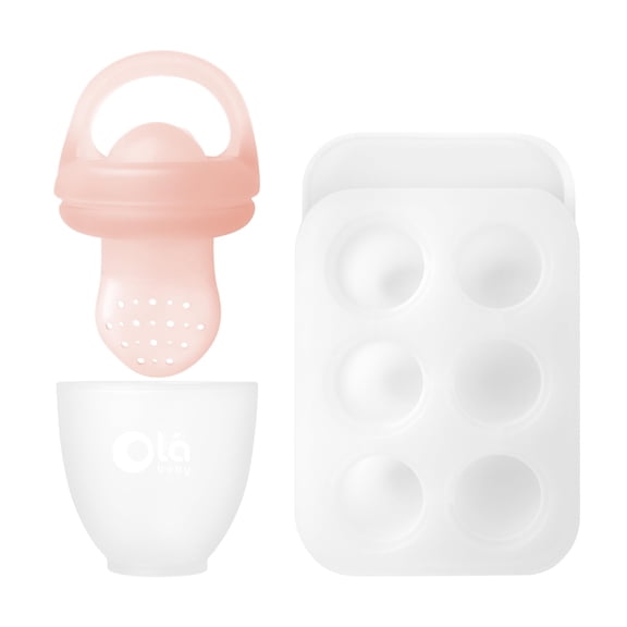 Olababy Silicone Fresh Fruit Feeder & Popsicle Set for Solid Food Introduction | Cooling Relief BPA Free Freezer Tray Combo for Frozen Breastmilk, Puree, Smoothies for Infants, Babies (Coral)