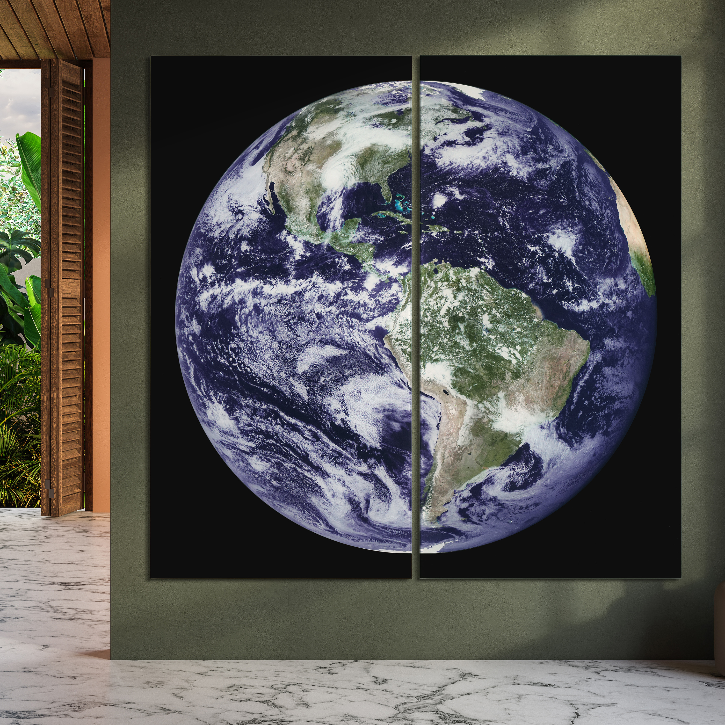 "Terra" Oversized 72"x 36" Frameless Free-Floating Reverse Printed Tempered Art Glass Panels Set