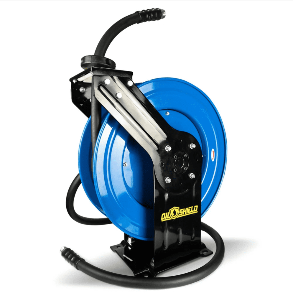 Oil Shield Farm Fuel Hose Reel 1" x 30 ft, Heavy Duty Steel Reel with Oil-Resistant Fuel Hose, 150 PSI, Kink Resistant, Static Wire, Wall or Vehicle Mount
