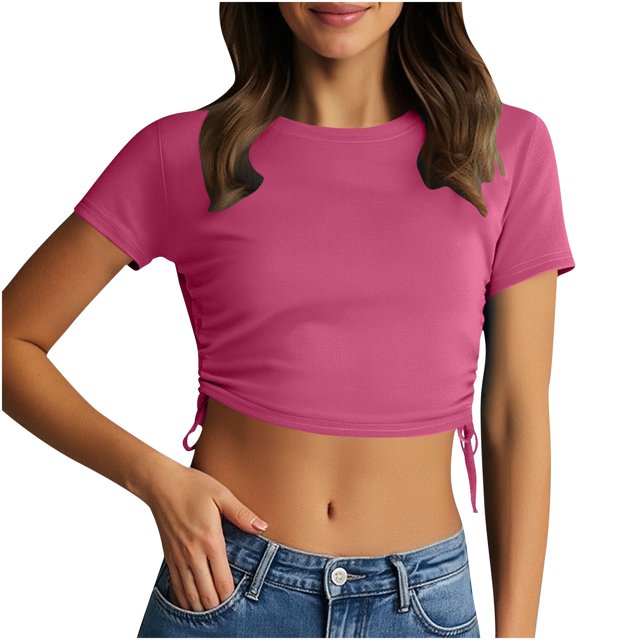Camiseta de Manga Corta de las Mujeres Cuello Redondo Duro Dibujo Cuerda Color Sólido Casual, Top Ligero para el Día Y el Trabajo