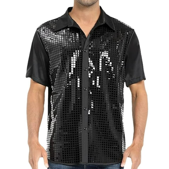 MIXUE Mens Casual Button Down Shirts Sequins Solid Color Lapel Short Sleeve Dress Slim Fit Casual Shirt Tops Activewear,Black,XXXL