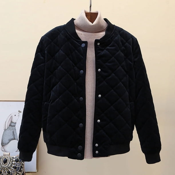 Chaqueta corta de algodón de invierno para mujer con terciopelo dorado en forma de diamante y chaqueta de béisbol gruesa de algodón