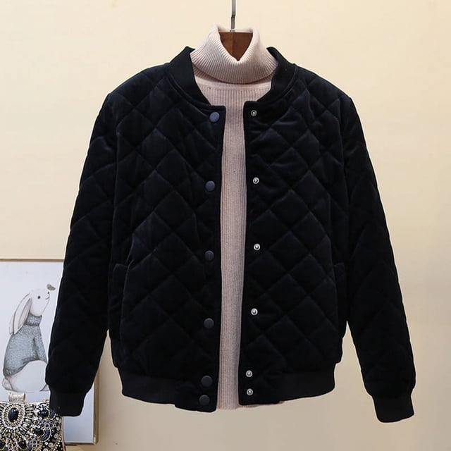 Chaqueta corta de algodón de invierno para mujer con terciopelo dorado en forma de diamante y chaqueta de béisbol gruesa de algodón