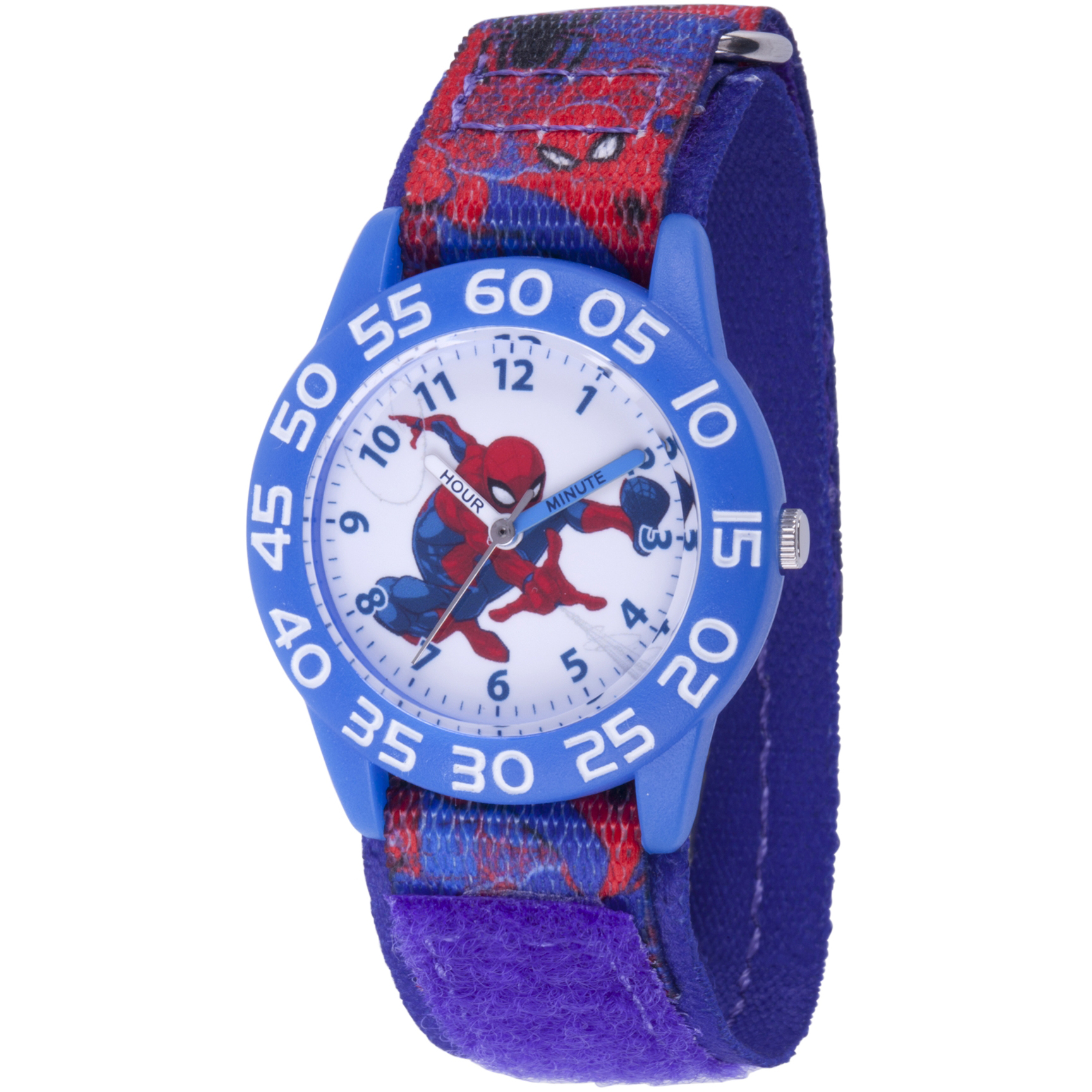 Spider-Man Boys' Blue Plastic Time Teacher Watch, Red and Blue Printed Spider-Man Hook and Loop Nylon Strap