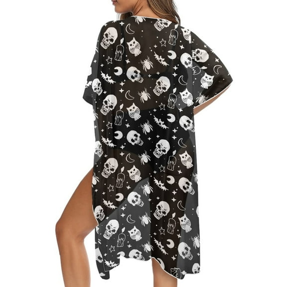 DISNIMO Skull Owl Moon Print Women's Swimsuit Coveups Kimono Cardigan Summer Beach Cover Up Casual Loose Long Bikini Coverup