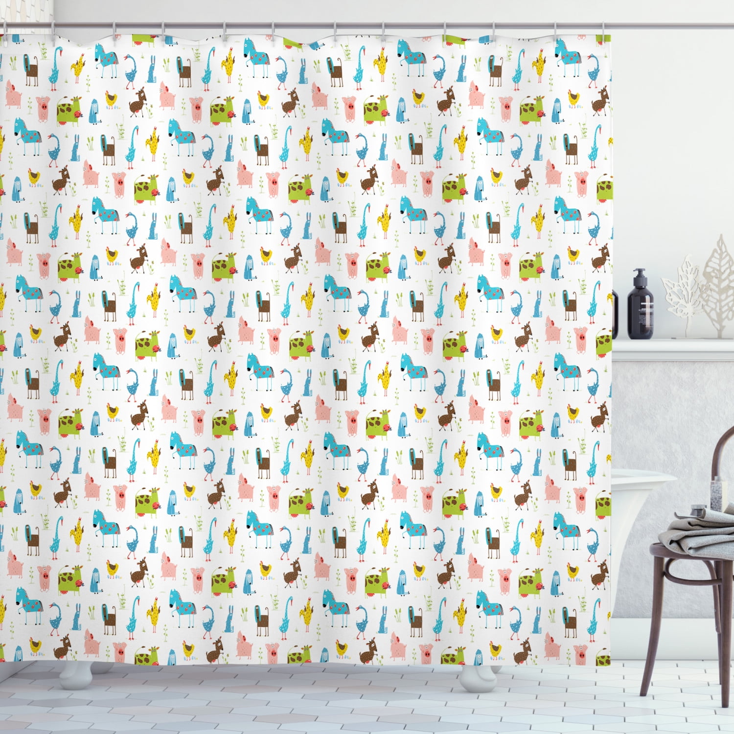 Cartoon Shower Curtain, Farm Animals Pattern with Pig Rooster Cow Horse