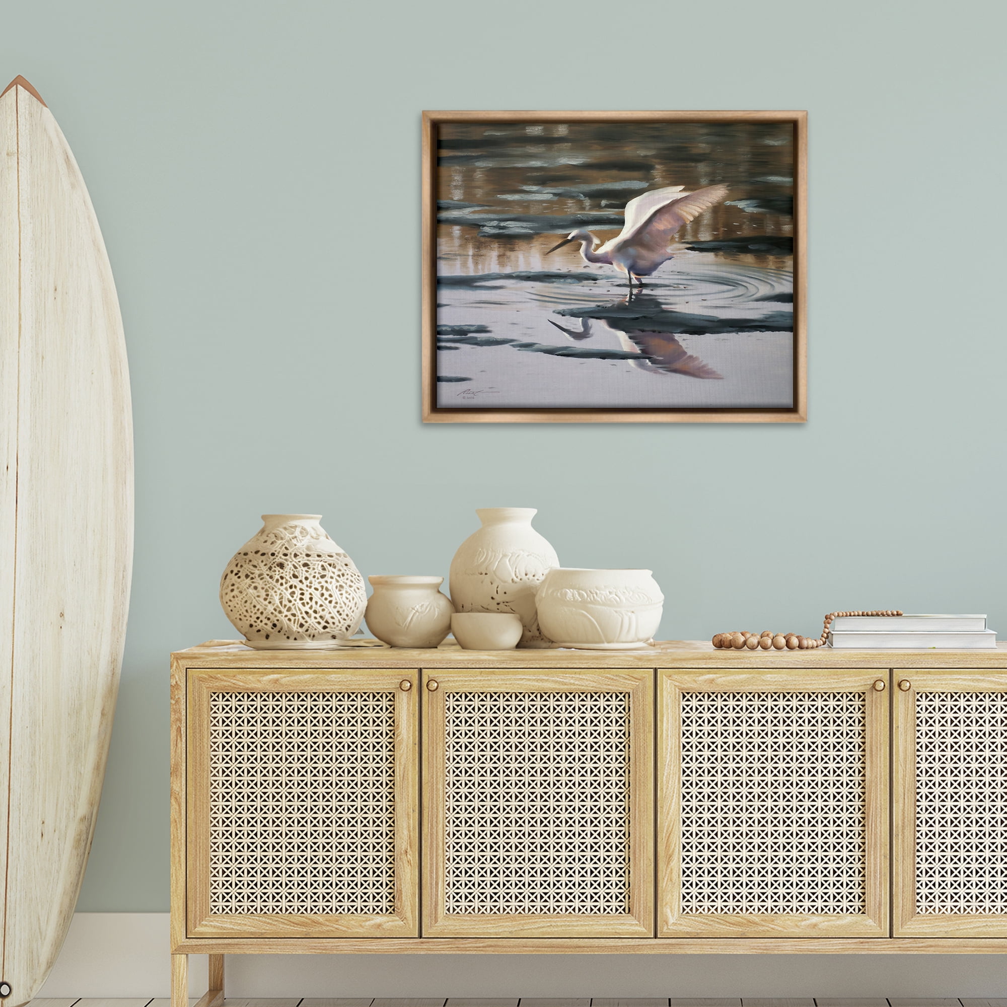 Stupell Industries Swan Landing in Water Animals & Insects Painting Brown Floater Framed Canvas Art Print Wall Art, 31 x 25