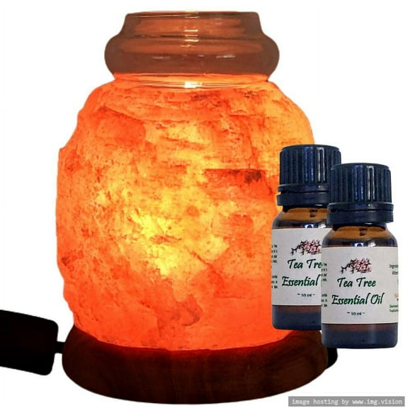 Himalayan Salt Aromatherapy Lamp with 2 Bottles of Tea Tree Essential Oil - Beautiful Gift for Mother's Day, Graduation, Weddings, Housewarming