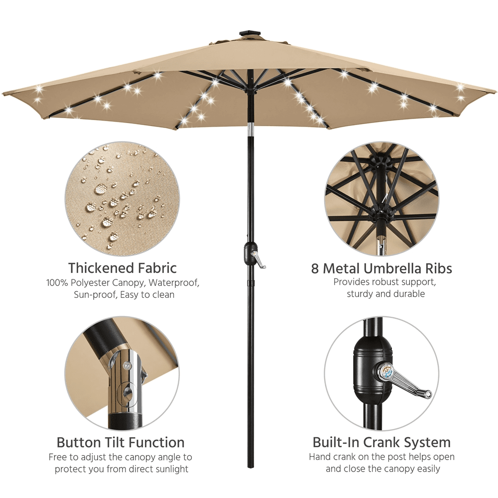 Renwick 10 Ft Outdoor Patio Umbrella with 32 LED Lights, Tan