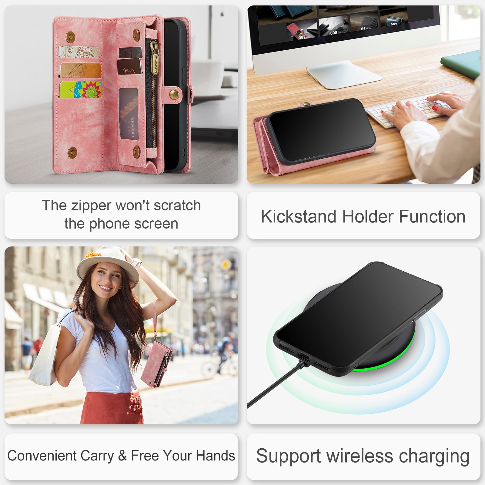 Feishell Durable 2-In-1 Magnetic Detachable Wallet Case for iPhone 11 Pro Max,for Women Men,Premium PU Leather Zipper Pocket Flip Multi Card Slots Purse Phone Case with Wrist Strap,Pink