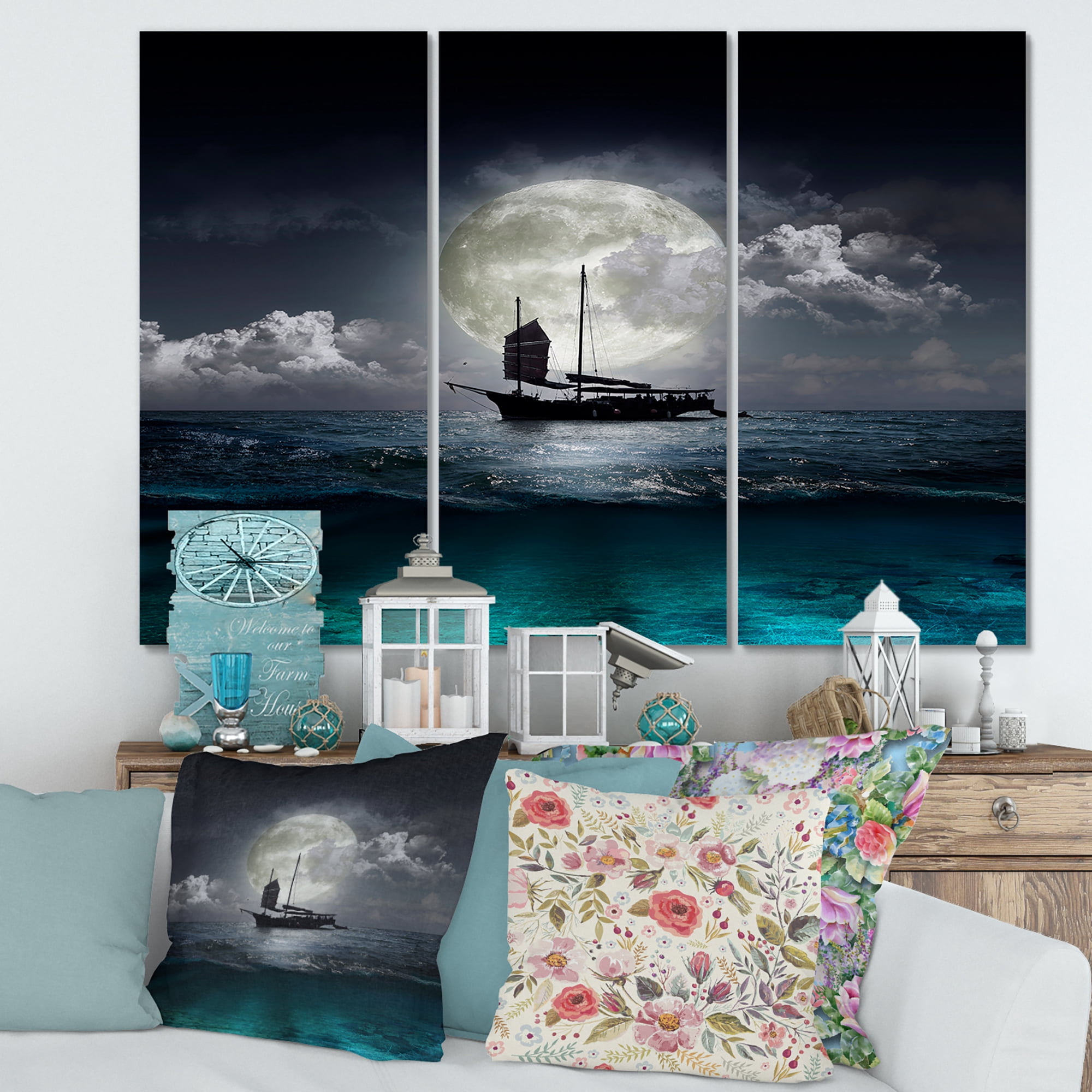 Designart ' The Lake During Full Moon With Fisher Boat ' Nautical & Coastal Canvas Wall Art Print