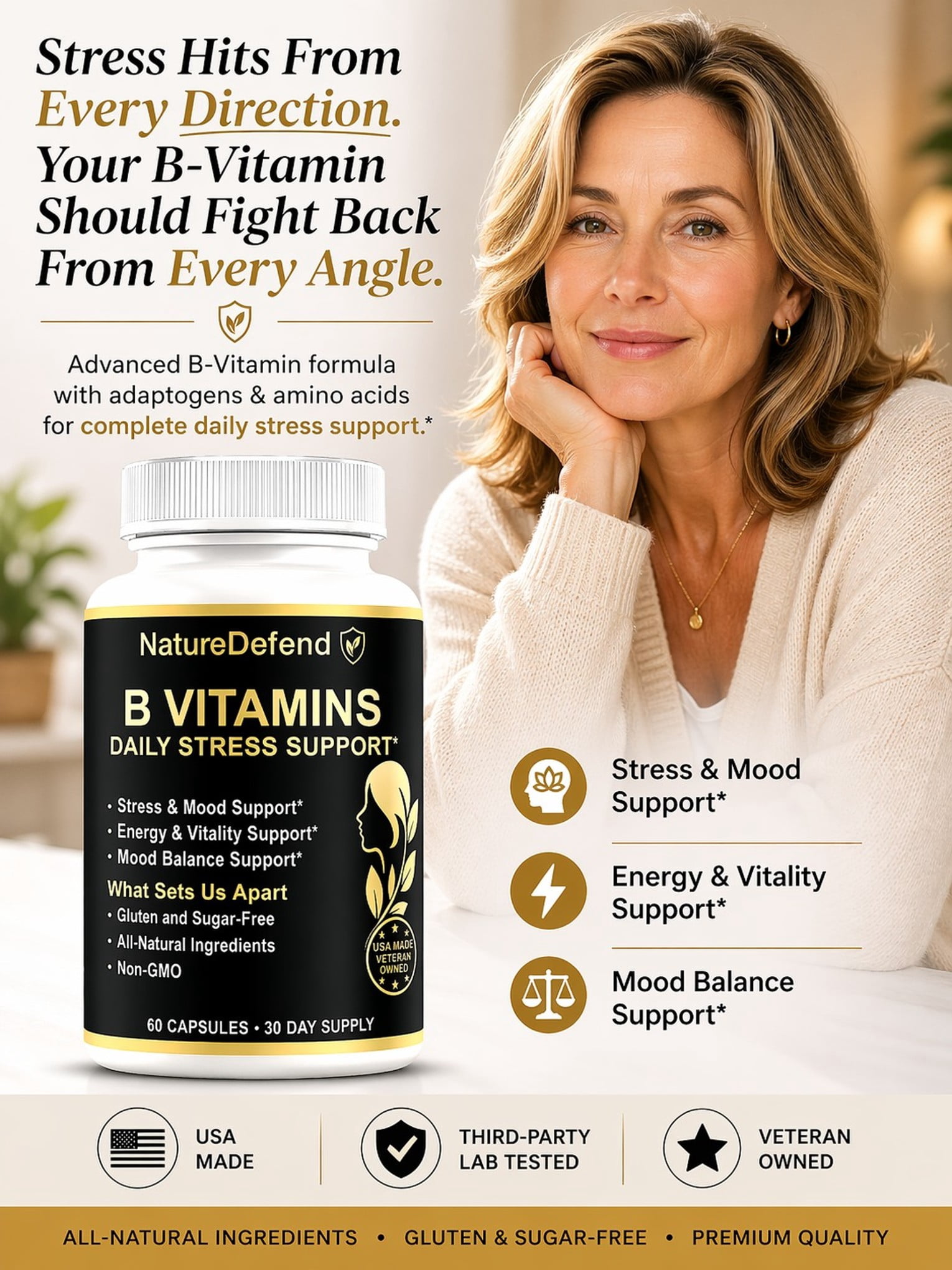 NatureDefend Stress Support Complex Supplement, B-Vitamins & St. John’s Wort, 60 Capsules, Veteran-Owned, USA Made