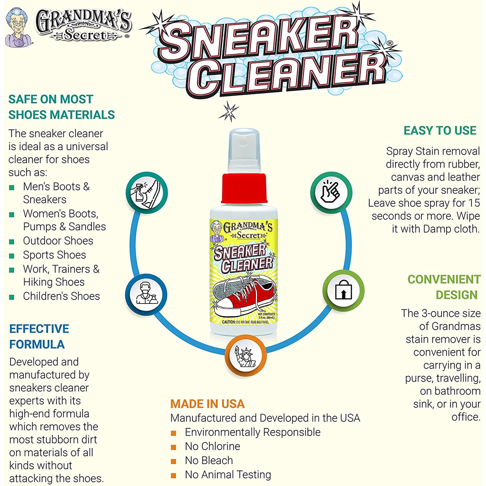 Grandma's Secret Sneaker Cleaner - Shoe Cleaner for Rubber, Canvas and  Leather - Stain Remover Spray Removes Dirt, Grime and Grass - Sneakers  Cleaner for Outdoor Shoes, Slippers and Moccasins – 16 oz - Yahoo Shopping