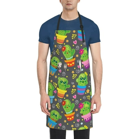 

Qekee Cactus In Pots Print Waterproof Apron with Pockets Adjustable Cooking Aprons Kitchen Bib for Baking Household Cleaning