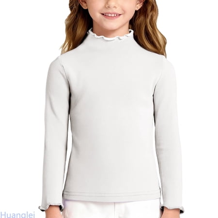 Huanglei Soft Girls Long Sleeve Top With Neck And Lace Trim Cozy Brushed Tee For Toddler And Kid Casual Wear Crew Neck Tops 2-3 Years White