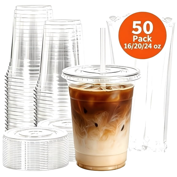 50 Pack 16 oz Plastic Cups with Lids and Straws, Clear Disposable Plastic Cup, PET Iced Coffee Cups with Leak-Resistant Lids, BPA Free Cold Drink Cups for Smoothies, Juice, Soda & Party To Go